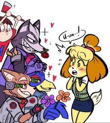 Rule 34 | 1girl, 4boys, animal crossing, animal ears, arms up, axe, beak, black eyes, black gloves, blonde hair, blue skirt, blush, brown hair, constricted pupils, crossed arms, dog ears, dog girl, dog tail, earpiece, english text, falco lombardi, fingerless gloves, flower, flying sweatdrops, fox ears, fox mccloud, furry, furry female, furry male, gloves, green vest, grey jacket, hair tie, half-closed eyes, hand up, hands up, heart, holding, holding axe, holding flower, holding weapon, isabelle (animal crossing), jacket, long sleeves, looking at another, multiple boys, nintendo, open mouth, orange flower, pencil skirt, purple flower, purple gloves, purple jacket, red shirt, scruffyturtles, sharp teeth, shirt, short hair, short sleeves, shoulder pads, simple background, skirt, smile, sparkle, speech bubble, standing, star fox, super smash bros., surprised, tail, talking, teeth, topknot, two-handed, vest, villager (animal crossing), weapon, white background, white shirt, wide-eyed, wolf ears, wolf o&#039;donnell