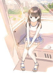 Rule 34 | 1girl, bare shoulders, blue skirt, blue sky, blush, braid, breasts, brown eyes, brown footwear, brown hair, closed mouth, cloud, collarbone, day, ferris wheel interior, from above, full body, hair ornament, hairclip, hands on lap, kokudou juunigou, layered skirt, long hair, looking at viewer, miniskirt, nervous, original, sandals, shirt, sidelocks, single braid, sitting, skirt, sky, sleeveless, sleeveless shirt, small breasts, solo, sunlight, wavy mouth, wedge heels, white shirt