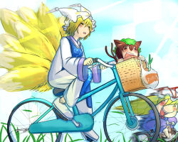 Rule 34 | 3girls, = =, animal ears, apple, bad id, bad pixiv id, bag, basket, bicycle, blonde hair, blue sky, blush stickers, cat ears, cat tail, chen, cloud, day, dress, fang, food, fox tail, fruit, grass, groceries, grocery bag, hat, hat ribbon, hat with ears, holding, holding bag, in container, long hair, long sleeves, mob cap, motion blur, multiple girls, multiple tails, no socks, okahi, open mouth, ribbon, riding, shopping bag, short hair, sky, solid circle eyes, spring onion, tabard, tail, touhou, wide sleeves, yakumo ran, yakumo yukari