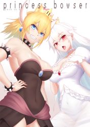 Rule 34 | 2018, 2girls, armlet, black leotard, blonde hair, blue eyes, bowsette, bracelet, breasts, bu li, character name, cleavage, clenched teeth, collar, covered navel, crown, dated, dress, earrings, gloves, gradient background, hand on own hip, highres, horns, jewelry, large breasts, leotard, long hair, looking at viewer, luigi&#039;s mansion, mario (series), multiple girls, new super mario bros. u deluxe, nintendo, open mouth, pointy ears, ponytail, princess king boo, red eyes, sharp teeth, short hair, smile, spiked armlet, spiked bracelet, spiked collar, spikes, super crown, teeth, tongue, tongue out, white background, white dress, white gloves, white hair