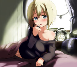 Rule 34 | 1girl, :o, alarm clock, alternate costume, atahuta, bad id, bad pixiv id, bed, blonde hair, blue eyes, blush, book, clock, curtains, erica hartmann, heart, indoors, looking at viewer, lying, off shoulder, on side, open mouth, roman numeral, shiny skin, short hair, solo, strike witches, sweater, symbol-shaped pupils, window, world witches series