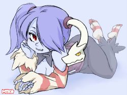Rule 34 | 1girl, blue hair, blue skin, blush, colored skin, detached collar, detached sleeves, dress, feet, full body, hair over one eye, leviathan (skullgirls), looking at viewer, lying, mtk hoshi, on side, on stomach, red eyes, side ponytail, skeletal arm, skullgirls, smile, solo, squigly (skullgirls), stitched mouth, stitches, striped legwear, striped sleeves, zombie