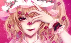 Rule 34 | 1girl, artist name, blonde hair, blurry, bokeh, covering one eye, cranberry, curly hair, depth of field, dripping, eyebrows hidden by hair, eyelashes, fang, fang out, fingernails, flandre scarlet, flower, flower request, frills, hand over eye, hand up, hat, highres, jewelry, kyogoku-uru, light particles, light smile, lips, long fingernails, medium hair, mob cap, nail polish, nostrils, one side up, parted lips, pink background, pink nails, portrait, realistic, red eyes, red flower, ring, simple background, slit pupils, solo, touhou, white hat, wrist cuffs