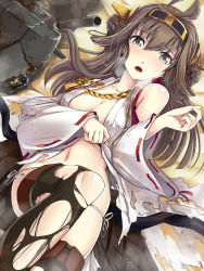 Rule 34 | 10s, 1girl, ahoge, blush, boots, breasts, brown eyes, brown hair, cleavage, detached sleeves, hairband, hi-ho-, japanese clothes, kantai collection, kongou (kancolle), large breasts, long hair, looking at viewer, navel, nontraditional miko, open mouth, panties, personification, side-tie panties, solo, tears, thigh boots, thighhighs, torn clothes, torn thighhighs, underwear, wide sleeves