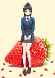 Rule 34 | 1girl, belt buckle, black hair, bow, buckle, cropped jacket, deadnooodles, dress, food, fruit, hair bow, hazuki ren, high ponytail, highres, love live!, love live! superstar!!, oversized food, oversized object, pinafore dress, red neckwear, red ribbon, ribbon, school uniform, shoes, simple background, sitting on food, sleeveless, sleeveless dress, socks, solo, strawberry, white socks, yellow background, yellow eyes, yuigaoka school uniform