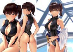 Rule 34 | 1girl, ass, back, bare arms, between legs, black one-piece swimsuit, blue kimono, blush, breasts, brown eyes, brown gloves, brown hair, cleavage, closed mouth, collarbone, commentary request, competition swimsuit, crossed bangs, expressionless, fingers together, front zipper swimsuit, gloves, hair between eyes, hand between legs, highleg, highleg swimsuit, highres, japanese clothes, kaga (kancolle), kantai collection, kimono, unworn kimono, large breasts, looking at viewer, looking back, medium hair, meme attire, multiple views, off shoulder, one-piece swimsuit, one-piece thong, pool, rei no pool, shiny clothes, side ponytail, simple background, single glove, sitting, standing, swimsuit, swimsuit under clothes, thighs, thong, upper body, wa (genryusui), white background, white kimono, zipper