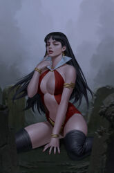 Rule 34 | 1girl, black footwear, black hair, boots, breasts, clothing cutout, collar, earrings, fog, gold bracelet, grey eyes, highres, jewelry, kneeling, large breasts, long hair, looking at viewer, navel cutout, one-piece swimsuit, outdoors, red nails, red one-piece swimsuit, ruins, solo, swimsuit, thigh boots, vampirella, vampirella (character), white collar, yoon junggeun