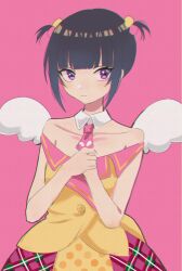 Rule 34 | 1girl, alternate costume, angel wings, bare shoulders, black hair, blunt bangs, detached collar, highres, idolmaster, idolmaster cinderella girls, looking at viewer, necktie, off-shoulder shirt, off shoulder, own hands together, patterned clothing, pink background, pom pom (clothes), purple eyes, sato shin, shirayuki chiyo, shirt, sidelocks, simple background, solo, two side up, wings, yumi san0112