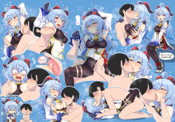 Rule 34 | &gt; &lt;, ..., 1boy, 1girl, ahoge, arm up, armpit sex, armpits, bare shoulders, bell, black hair, black pantyhose, blue background, blue hair, blush, bow, breast sucking, breasts, breasts out, closed eyes, clothed female nude male, clothed sex, covering breasts, covering privates, cowbell, cum, embarrassed, english text, erection, face-to-face, faceless, faceless male, french kiss, ganyu (genshin impact), genshin impact, gloves, grabbing, grabbing another&#039;s breast, hair bow, heart, hetero, high heels, highres, holding another&#039;s wrist, horns, ivancyxic, kiss, lactation, licking, licking armpit, long sleeves, lying, male masturbation, masturbation, medium breasts, milk, missionary, neck bell, nipple stimulation, nipple tweak, nude, on back, open mouth, pantyhose, penis, purple eyes, simple background, sitting, steaming body, thought bubble, tongue, tongue out, wide-eyed