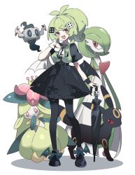Rule 34 | 1girl, ahoge, alternate color, asphyxia17, black bow, black dress, black footwear, black pantyhose, black umbrella, bow, bright pupils, colored sclera, colored skin, creatures (company), demon wings, dress, dress bow, fake wings, fang, floating, full body, game freak, gardevoir, gen 2 pokemon, gen 3 pokemon, gen 5 pokemon, gen 6 pokemon, gothic lolita, green hair, green skin, hair ornament, hand to own mouth, hand up, highres, holding, holding umbrella, horns, lilligant, lolita fashion, looking at viewer, multicolored skin, neck ribbon, nintendo, open mouth, original, pantyhose, phantump, pokemon, pokemon (creature), ponytail, puffy short sleeves, puffy sleeves, red eyes, red sclera, ribbon, shadow, shiny pokemon, short sleeves, standing, two-tone skin, umbrella, umbreon, white pupils, white skin, winged footwear, wings, wrist cuffs