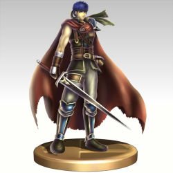 Rule 34 | 1boy, armor, armored boots, bad id, bad pixiv id, belt, blue eyes, blue hair, boots, cape, faux figurine, fingerless gloves, fire emblem, fire emblem: radiant dawn, gloves, gonzarez, gradient background, headband, ike (fire emblem), male focus, matching hair/eyes, nintendo, pants, serious, simple background, solo, super smash bros., torn cape, torn clothes, trophy
