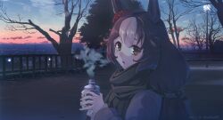 Rule 34 | 1girl, animal ears, bare tree, bottle, brown hair, cloud, coat, dated, ear scrunchie, hands up, holding, holding bottle, horse ears, lamppost, long hair, long sleeves, looking at viewer, looking to the side, low twintails, multicolored hair, open mouth, outdoors, railing, scarf, solo, steam, sunset, takuzui, tree, twintails, twitter username, two-tone hair, umamusume, upper body, yamanin zephyr (umamusume), yellow eyes