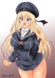 Rule 34 | 1girl, alternate costume, bismarck (kancolle), blonde hair, blue dress, blue eyes, blue hat, breasts, clothes writing, dress, gradient background, hat, highres, kantai collection, large breasts, long hair, long sleeves, nawohata, sailor dress, sailor hat, solo