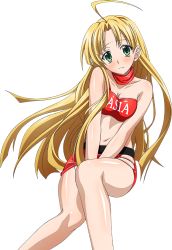 Rule 34 | 10s, 1girl, ahoge, asia argento, between legs, blonde hair, blush, bra, breasts, character name, choker, cleavage, collarbone, floating hair, green eyes, hand between legs, head tilt, high school dxd, highres, long hair, looking at viewer, midriff, miniskirt, navel, red bra, red skirt, shiny skin, skirt, small breasts, solo, stomach, transparent background, underwear, very long hair