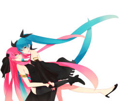Rule 34 | 2girls, aqua eyes, aqua hair, armlet, backless dress, backless outfit, bare legs, bare shoulders, black dress, black footwear, black legwear, black ribbon, blue eyes, boots, bow, closed mouth, couple, dress, elbow gloves, female focus, floating hair, gloves, godetia, hair ornament, hair ribbon, halterneck, hara paix, hatsune miku, high heels, holding hands, interlocked fingers, legs, long hair, looking at viewer, megurine luka, multiple girls, nail polish, pantyhose, pink hair, ribbon, serious, shoes, simple background, smile, twintails, very long hair, vocaloid, white background, yuri