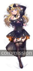 Rule 34 | 1girl, black dress, black gloves, black thighhighs, blonde hair, breasts, commentary request, commission, cosplay, double bun, dress, fletcher (kancolle), garter straps, gloves, hair bun, halloween costume, highres, horns, ittokyu, johnston (kancolle), johnston (kancolle) (cosplay), kantai collection, large breasts, long hair, looking at viewer, lying, purple eyes, single glove, smile, solo, thighhighs