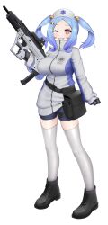 Rule 34 | 1girl, absurdres, black footwear, black gloves, blue hair, blue shorts, breasts, eotech, forehead, full body, gloves, gradient hair, grey jacket, grin, gun, hat, highres, holding, holding gun, holding weapon, jacket, large breasts, long sleeves, looking at viewer, multicolored hair, nurse cap, one eye closed, original, paravene, puffy long sleeves, puffy sleeves, red eyes, shoes, short shorts, shorts, simple background, sleeves past wrists, smile, solo, standing, thighhighs, twintails, weapon, white background, white hat, white thighhighs