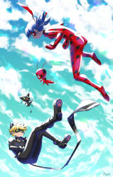 Rule 34 | 1boy, 1girl, animal ears, aonik, black bodysuit, black mask, blonde hair, blue eyes, blue hair, blue sky, bodysuit, cat ears, catsuit, chat noir, cloud, cloudy sky, colored sclera, domino mask, green eyes, highres, ladybug (character), looking at another, mask, medium hair, miraculous ladybug, open mouth, outdoors, paw print soles, plagg (miraculous ladybug), polka dot, red bodysuit, red mask, short hair, skin tight, sky, tikki (miraculous ladybug)