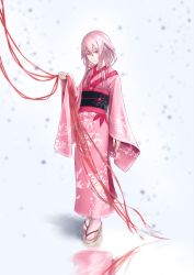 Rule 34 | 1girl, arm at side, fattybot, full body, guilty crown, hair between eyes, head tilt, highres, japanese clothes, kimono, light smile, long hair, looking at viewer, low twintails, obi, pink eyes, pink hair, pink legwear, red ribbon, reflection, ribbon, sandals, sash, sleeves past wrists, solo, standing, tree print, twintails, wide sleeves, yuzuriha inori