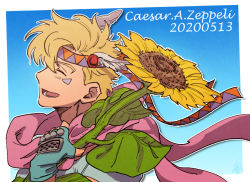 Rule 34 | 1boy, battle tendency, birthday, blonde hair, blue gloves, caesar anthonio zeppeli, carota327, character name, commentary request, dated, closed eyes, facial mark, feather hair ornament, feathers, fingerless gloves, flower, from side, gloves, feather hair ornament, happy, headband, holding, holding flower, jojo no kimyou na bouken, male focus, open mouth, outline, pink scarf, profile, scarf, short hair, sideways mouth, smile, solo, sunflower, symbol-only commentary, triangle print, white outline, yellow flower