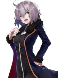 Rule 34 | 1girl, ahoge, black dress, blue cape, breasts, cape, chain, cleavage, dress, fate/grand order, fate (series), fur trim, gold trim, hair between eyes, hand on own hip, highres, jeanne d&#039;arc (fate), jeanne d&#039;arc alter (fate), jeanne d&#039;arc alter (ver. shinjuku 1999) (fate), long hair, medium breasts, official alternate costume, open mouth, short dress, silver hair, simple background, solo, standing, toki/, white background, yellow eyes