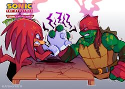 Rule 34 | 2boys, anger vein, angry, annoyed, arm wrestling, arsworlds, clenched teeth, commentary, crossover, fangs, furious, furry, furry male, glaring, gloves, highres, holding hands, knuckles the echidna, male focus, mask, multiple boys, ninja, purple eyes, raphael (tmnt), sonic (series), spikes, steaming body, sweat, table, tail, teenage mutant ninja turtles, teeth, turtle, v-shaped eyebrows, white gloves