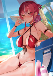 Rule 34 | 1girl, absurdres, beach, beach umbrella, bikini, breasts, cleavage, dripping, food, food in mouth, highleg, highleg bikini, highres, hololive, hoshara, houshou marine, houshou marine (summer), large breasts, looking at viewer, lotion, multicolored eyes, navel, outdoors, pinky out, popsicle, popsicle in mouth, red bikini, red eyes, red hair, sitting, solo, sunscreen, sweat, swimsuit, thighs, umbrella, virtual youtuber, wet, yellow eyes