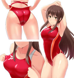 Rule 34 | 1girl, adjusting clothes, adjusting swimsuit, akagi (kancolle), armpits, arms behind head, ass, breasts, brown eyes, brown hair, closed mouth, commentary request, competition swimsuit, crotch seam, highres, kantai collection, looking at viewer, mayomaru1, medium breasts, multiple views, one-piece swimsuit, partial commentary, red one-piece swimsuit, simple background, smile, standing, stretching, swimsuit, thighs, white background