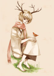 Rule 34 | 1boy, antlers, barefoot, bird, bird on hand, blonde hair, clona, commentary request, full body, grass, horns, japanese clothes, kimono, looking at another, male focus, original, pale color, parted lips, scarf, simple background, sitting, solo, tree, wide sleeves