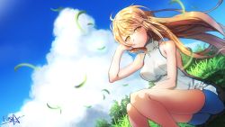 Rule 34 | 10s, 1girl, adjusting hair, aiz wallenstein, arm up, backless dress, backless outfit, bare arms, bare legs, bare shoulders, bike shorts, blonde hair, blue bike shorts, bluerain, breasts, closed mouth, cloud, cloudy sky, day, dress, dungeon ni deai wo motomeru no wa machigatteiru darou ka, dutch angle, female focus, floating hair, grass, hair between eyes, highres, knees together feet apart, knees up, legs, light smile, long hair, looking at viewer, matching hair/eyes, medium breasts, outdoors, short dress, signature, sitting, sky, sleeveless, sleeveless dress, sleeveless turtleneck, smile, solo, sword oratoria, turtleneck, white dress, wind, wind lift, yellow eyes