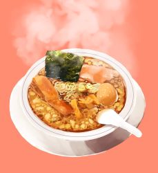Rule 34 | bowl, chinese spoon, commentary request, egg, food, food focus, highres, mojamoja aa, no humans, noodles, original, pink background, plate, ramen, simple background, soup, steam