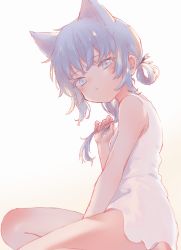 Rule 34 | 1girl, animal ears, bare arms, bare shoulders, between legs, blue eyes, blue hair, blue ribbon, blush, cat ears, closed mouth, commentary request, dress, hair ribbon, hand between legs, hand up, head tilt, looking at viewer, looking to the side, original, ribbon, sha2mo, sitting, sleeveless, sleeveless dress, solo, white dress