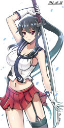 Rule 34 | &gt;:), 10s, 1girl, arm up, armpits, bare shoulders, black hair, black thighhighs, breasts, cleavage, closed mouth, collarbone, cowboy shot, dated, garter straps, gloves, high ponytail, highres, holding, holding sword, holding weapon, kantai collection, katana, large breasts, long hair, looking at viewer, midriff, pleated skirt, ponytail, red eyes, red skirt, school uniform, serafuku, shiny skin, shirt, sideboob, sidelocks, single thighhigh, skirt, sleeveless, sleeveless shirt, solo, sword, the-sinner, thighhighs, torn clothes, torn shirt, torn skirt, unsheathed, v-shaped eyebrows, very long hair, weapon, white background, white gloves, yahagi (kancolle)