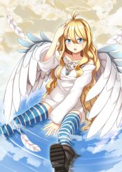Rule 34 | 1girl, :o, angel, bad id, bad pixiv id, blonde hair, blue eyes, boots, collarbone, halo, hand on own head, highres, long hair, nosuku, original, solo, striped clothes, striped thighhighs, thighhighs, white wings, wings