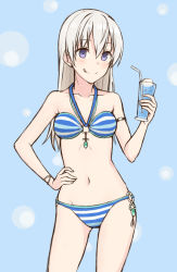 Rule 34 | 1girl, :q, bikini, blonde hair, blue background, blue eyes, bracelet, drinking straw, eila ilmatar juutilainen, hand on own hip, jewelry, long hair, momiji7728, navel, smile, soda, solo, standing, stomach, strike witches, striped bikini, striped clothes, swimsuit, tongue, tongue out, world witches series
