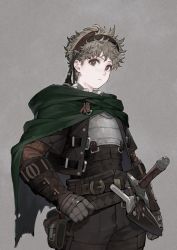 Rule 34 | 1boy, armor, belt, belt pouch, breastplate, brown hair, cloak, dagger, gauntlets, grey background, hand on own hip, headband, highres, jun (navigavi), knife, looking at viewer, messy hair, original, pants, pouch, sheath, sheathed, shirt, short hair, simple background, solo, sword, translation request, vest, weapon