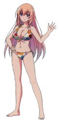 Rule 34 | 1girl, bare arms, bare legs, barefoot, bikini, breasts, cleavage, gradient hair, ichinose honami (youjitsu), large breasts, multicolored hair, official art, purple eyes, smile, solo, solo focus, swimsuit, thighs, transparent background