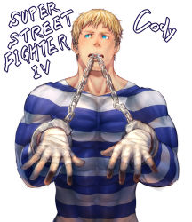 Rule 34 | 1boy, bandages, bara, blue eyes, chain, character name, cody travers, copyright name, covered abs, covered collarbone, cuffs, english text, facial hair, final fight, fingerless gloves, gloves, handcuffs, looking to the side, male focus, mature male, muscular, muscular male, open hands, p!k@ru, pectorals, prison clothes, shirt, short hair, simple background, solo, street fighter, street fighter iv (series), stubble, taut clothes, taut shirt, upper body, white background