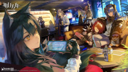 Rule 34 | 2boys, 5girls, animal ears, apple pie, arknights, bar (place), bartender, bird, bison (arknights), cellphone, commentary request, couch, cow horns, croissant (arknights), cup, demon horns, disposable cup, drinking straw, emperor penguin, energy wings, exusiai (arknights), game console, halo, highres, horns, kiriyama, lap pillow, mostima (arknights), multiple boys, multiple girls, night, official art, penguin, penguin logistics (arknights), phone, plastic bottle, playing games, sora (arknights), table, texas (arknights), the emperor (arknights), tray, wolf ears