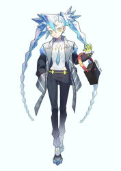 Rule 34 | + +, 1girl, black bag, black pants, blue hair, closed mouth, commentary request, creatures (company), earrings, eyelashes, eyeshadow, full body, game freak, gloves, green eyes, green gloves, hair between eyes, hand in pocket, hatsune miku, highres, ice miku (project voltage), jacket, jewelry, korean commentary, long hair, looking at viewer, makeup, mongguri, nintendo, open clothes, open jacket, pants, pokemon, project voltage, shirt, shoes, solo, standing, twintails, vocaloid, white shirt