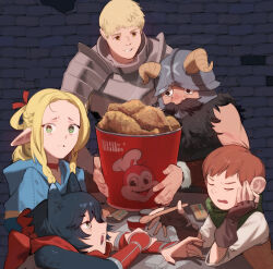 Rule 34 | 2girls, 3boys, absurdres, animal ears, arm rest, armor, black hair, blonde hair, blue cape, braid, brick wall, brown gloves, brown hair, buckle, cape, cat ears, chilchuck tims, closed eyes, commentary, condiment packet, dungeon meshi, elf, english commentary, fake horns, falin thorden, fingerless gloves, fried chicken, gauntlets, gloves, green eyes, green scarf, hair ribbon, helmet, highres, holding, holding spoon, horned helmet, horns, indoors, izutsumi, jollibee, jollibee (mascot), laios thorden, leather armor, looking at viewer, marcille donato, multiple boys, multiple girls, napkin, parted lips, pointy ears, raneblu, red ribbon, red scarf, ribbon, scarf, senshi (dungeon meshi), shirt, short hair, short sleeves, sitting, spoon, table, upper body, white shirt