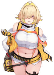 Rule 34 | 1girl, ahoge, bag, bare shoulders, blonde hair, breasts, clenched teeth, cowboy shot, elegg (nikke), english text, exposed pocket, eyes visible through hair, gloves, goddess of victory: nikke, grey shorts, hair intakes, hair over eyes, highres, large breasts, long bangs, long sleeves, looking at viewer, medium hair, multicolored clothes, multicolored gloves, multicolored hair, navel, open hands, parted lips, puffy sleeves, purple eyes, short shorts, shorts, simple background, solo, suspender shorts, suspenders, teeth, thick thighs, thigh strap, thighs, two-tone hair, white background, yellow gloves, zipper, zipper pull tab, zundakun0123