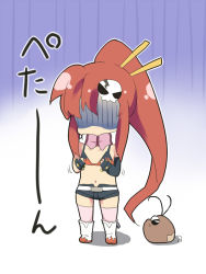 Rule 34 | 00s, bad id, bad pixiv id, bikini, boota (ttgl), boots, chibi, fingerless gloves, flat chest, gloom (expression), gloves, hair ornament, hand on another&#039;s chest, hands on own chest, long hair, maruki (punchiki), midriff, navel, no eyes, pink thighhighs, ponytail, red hair, scarf, short shorts, shorts, skull, solo, swimsuit, tengen toppa gurren lagann, thighhighs, translated, turn pale, yoko littner