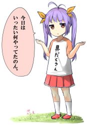 Rule 34 | 1girl, clothes writing, grass, hair ribbon, highres, long hair, looking at viewer, max melon, md5 mismatch, miyauchi renge, non non biyori, purple hair, raglan sleeves, red eyes, resized, ribbon, simple background, skirt, socks, solo, standing, translation request, twintails, white background, white socks