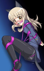 Rule 34 | 1girl, animal ears, arms behind back, ball gag, bdsm, blonde hair, blush, bondage, bound, brown eyes, cyber (cyber knight), gag, gagged, glasses, long hair, panties, panties under pantyhose, pantyhose, perrine h. clostermann, rope, solo, strike witches, tail, underwear, uniform, world witches series, yellow eyes