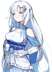 Rule 34 | 1girl, bare shoulders, blue nails, blunt bangs, blush, bow, breasts, bridal gauntlets, clothing cutout, collarbone, commentary request, cowboy shot, facing ahead, flower, grey hair, hair flower, hair intakes, hair ornament, hands on own hips, highres, large breasts, layered sleeves, long hair, obi, obijime, open clothes, open shirt, pleated skirt, pom pom (clothes), puff of air, quraqura nemii, sash, shirt, shoulder cutout, simple background, skirt, sleeveless, sleeveless shirt, smirk, smug, solo, standing, taut clothes, turtleneck, v-shaped eyebrows, voicevox, waist bow, white background, white flower, whitecul, wide sleeves