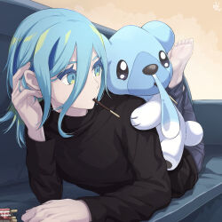 Rule 34 | 1boy, barefoot, black shirt, blue hair, commentary request, couch, creatures (company), cubchoo, eyelashes, feet, food, food in mouth, game freak, gen 5 pokemon, grey pants, grusha (pokemon), hair between eyes, highres, indoors, long sleeves, looking to the side, male focus, min (myna8247), nintendo, pants, pocky, pocky in mouth, pokemon, pokemon (creature), pokemon on back, pokemon sv, shirt, signature, toes