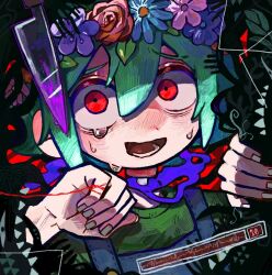 Rule 34 | 1boy, basil (headspace) (omori), basil (omori), blue overalls, crying, crying with eyes open, green hair, green shirt, head wreath, highres, knife, looking at viewer, lower teeth only, omori, open mouth, overalls, red eyes, shirt, short hair, something (omori), spoilers, tears, teeth, tongue, uminosoko44, upper body