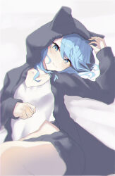 Rule 34 | animal ear hood, animal ears, arm up, black coat, black shorts, blue eyes, blue hair, blush, camisole, cat ears, coat, collarbone, fake animal ears, hair flowing over, hololive, hood, hooded coat, hoshimachi suisei, long hair, long sleeves, looking at viewer, lying, on back, re lura, shorts, smile, thighs, virtual youtuber, white camisole