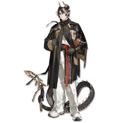 Rule 34 | 1boy, arknights, black hair, black sash, black shirt, chong yue (arknights), full body, highres, horns, kuroblood, long sleeves, looking at viewer, male focus, official art, pants, pointy ears, red eyes, sash, shirt, shoes, short hair, solo, standing, tail, transparent background, white footwear, white pants
